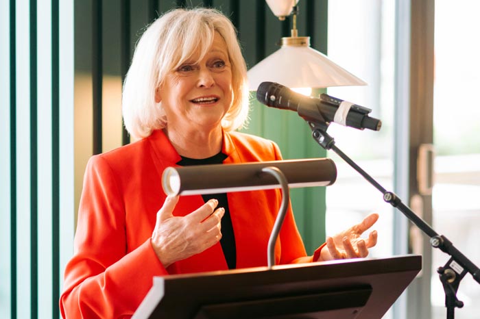 Former British tennis player Sue Barker speaking at an event